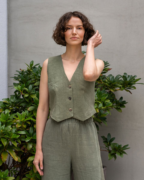 Linen Vest Ava in stone green color and linen pants