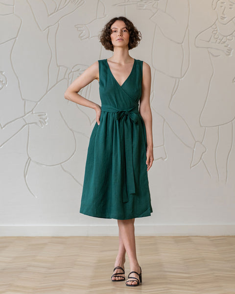 Linen Sleeveless Smock Dress Macie Dark Green Color