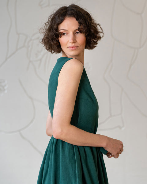 Linen Sleeveless Smock Dress Macie Dark Green Color