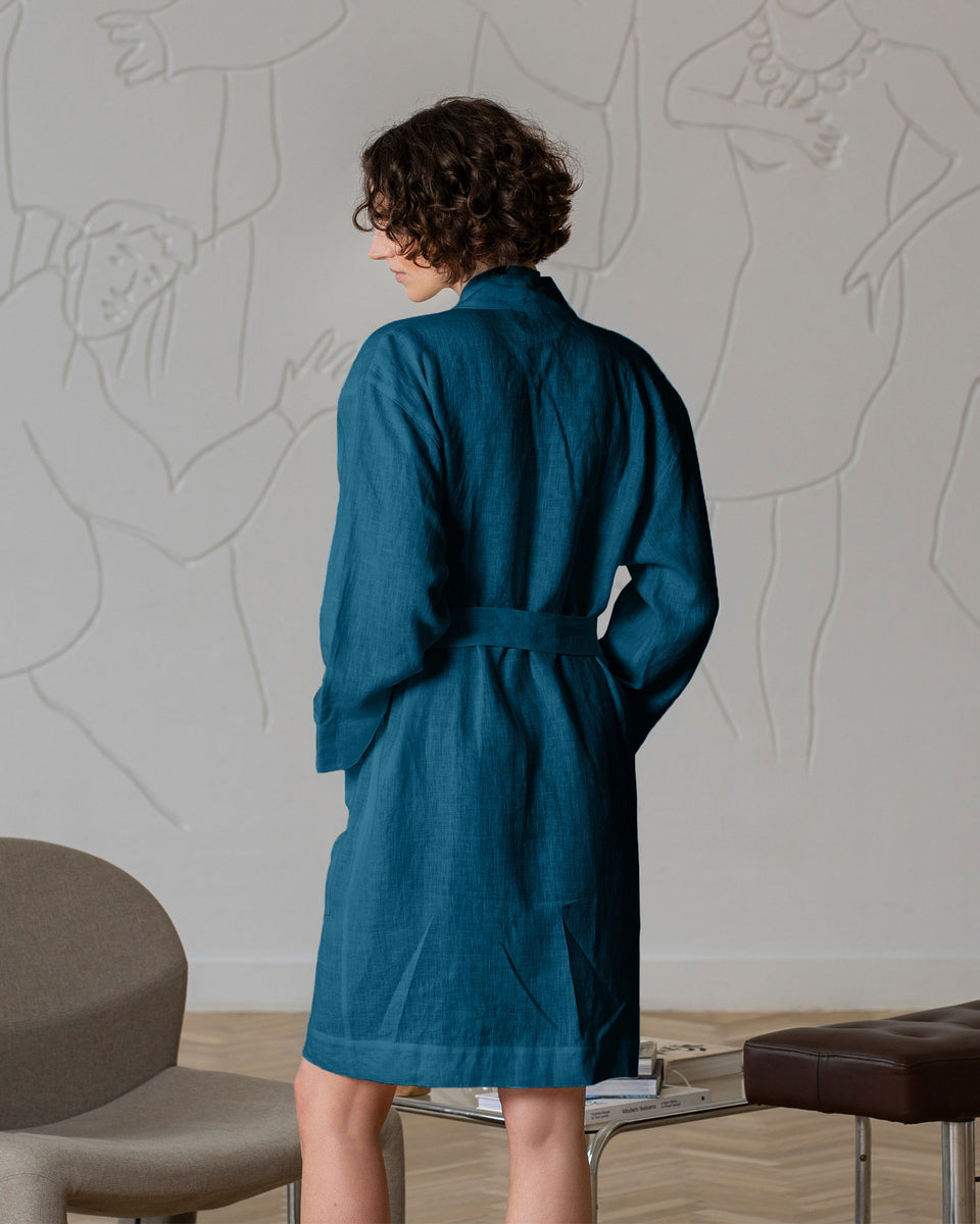 100% Linen Bath Robe With Pockets - Perfect For Spa Days - Women's Bathrobe - Cobalt Blue - Menique 100% Linen Bath Robe With Pockets - Perfect For Spa Days - Women's Bathrobe - Cobalt Blue - Menique
