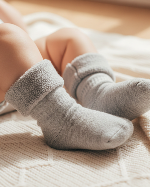 Baby wearing warm grey Merino sherpa socks and a white outfit.