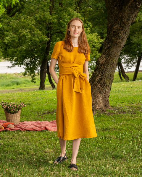 Linen Short Sleeve Obi Wrap Dress Milly