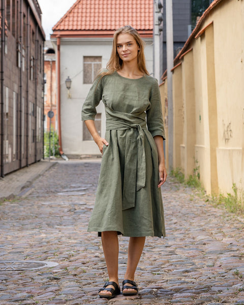 The menique women&#39;s linen wrap dress MILEY in stone green color.