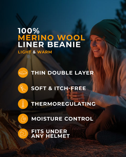 Woman sitting by a campfire wearing a merino wool liner beanie with product features listed.