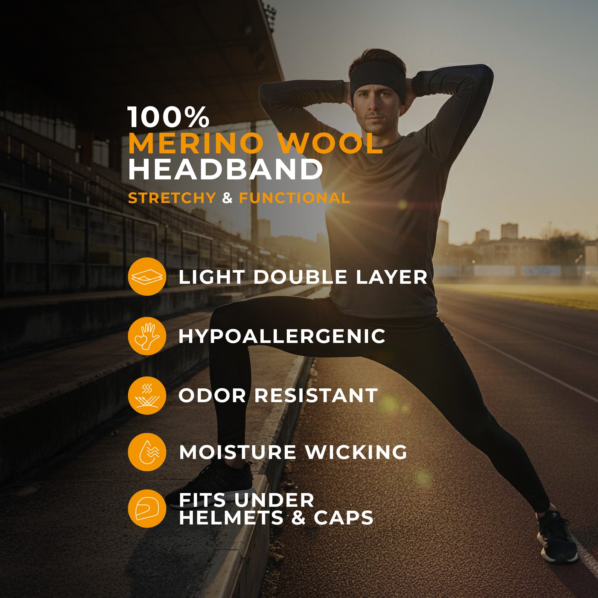 Person stretching outdoors with text about a merino wool headband's features.