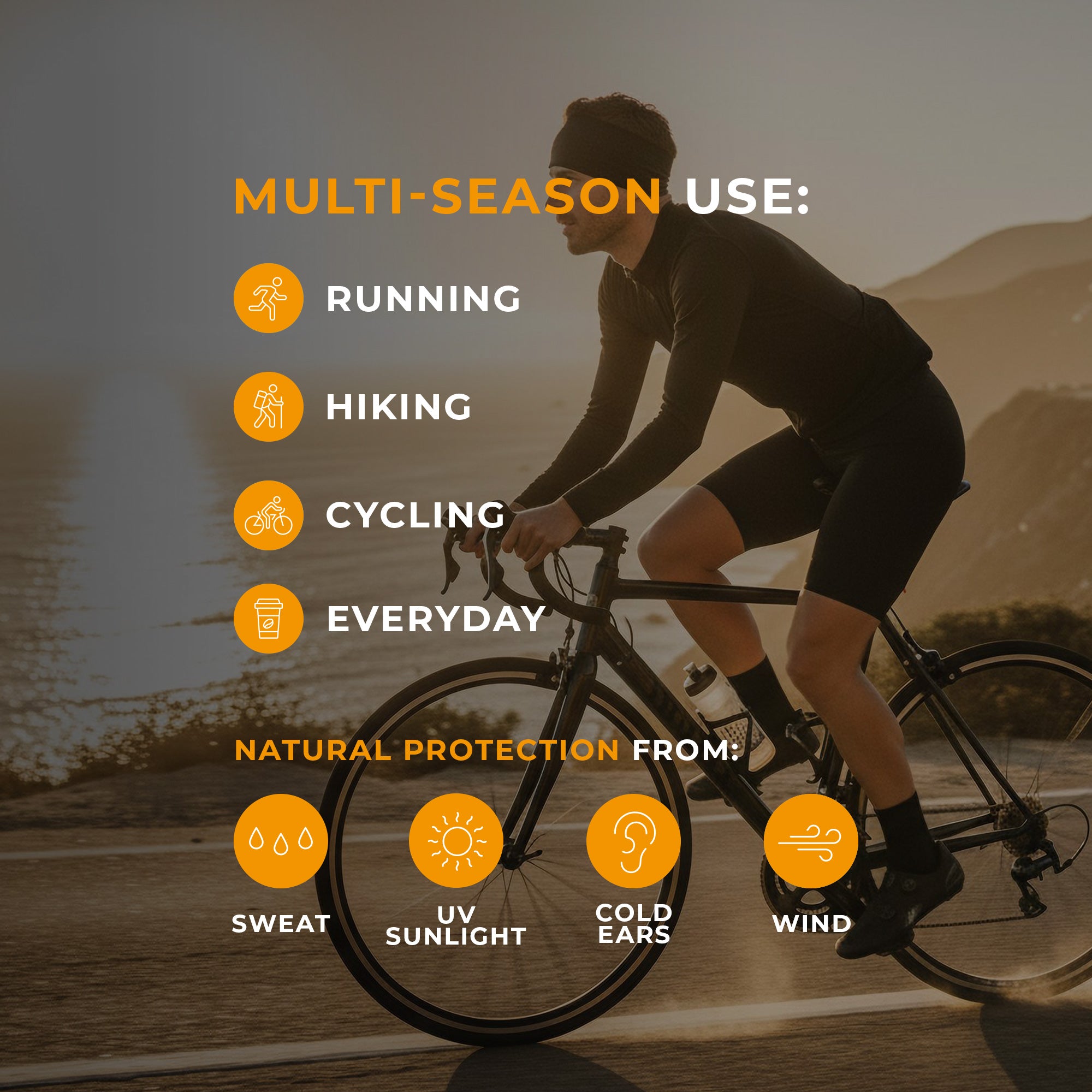 A man and a woman are closely positioned outdoors, both wearing spicy yellow menique merino wool headbands and black long-sleeved shirts. The man, on the left, has short brown hair and a beard and is looking upwards and to his left. The woman, on the right, has light brown hair and is looking upwards with a smile, her hand gently touching the man's face. The background is softly blurred with green and brown tones, suggesting a natural, possibly wooded, environment.