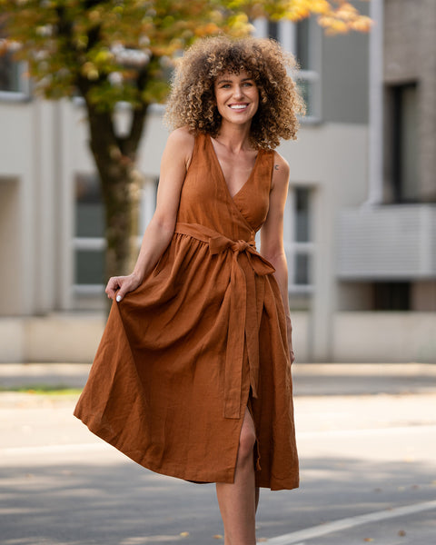 Linen Sleeveless Smock Dress Macie almond brown Color