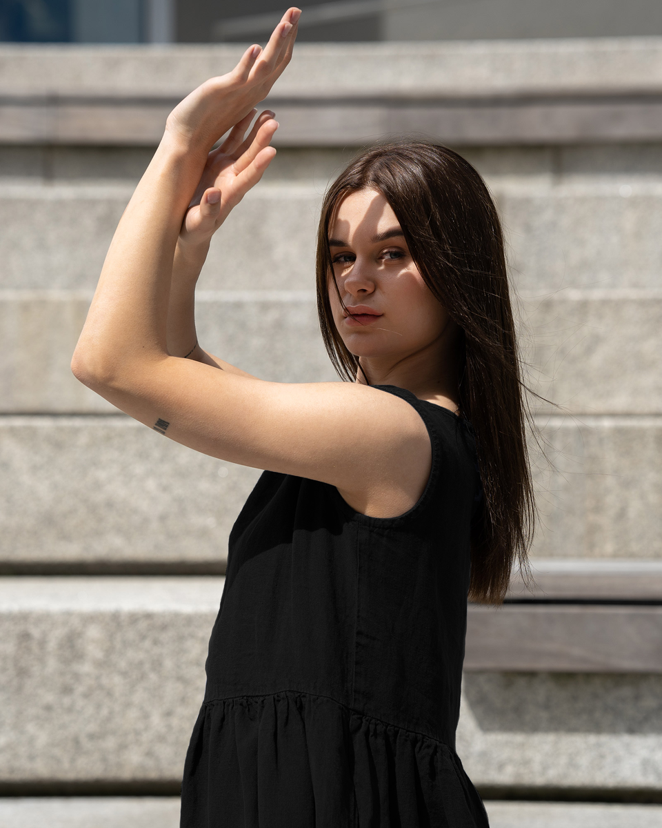 black smock dress Smock Linen Midi Dress - Sleeveless, Relaxed fit, Round Neck, Natural - Pure Black