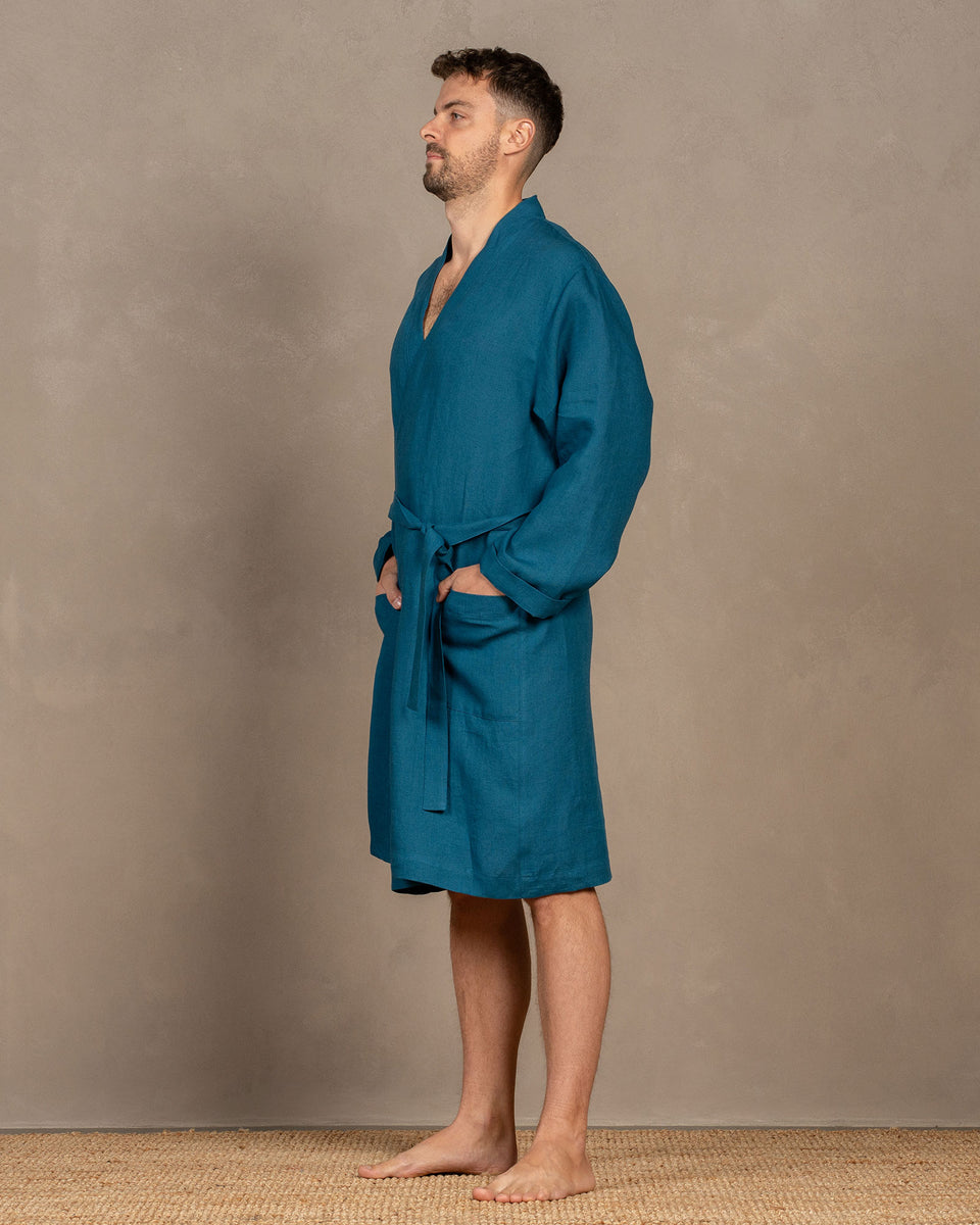 Men's Bathrobe - European Linen Robe With Pockets - Bath Robe For Men - Cobalt Blue Men's Bathrobe - European Linen Robe With Pockets - Bath Robe For Men - Cobalt Blue