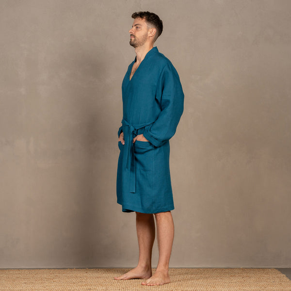 Men's Linen Blue Robe with Pockets - Lightweight Robe - Summer Robe for Men - Cobalt Blue - menique