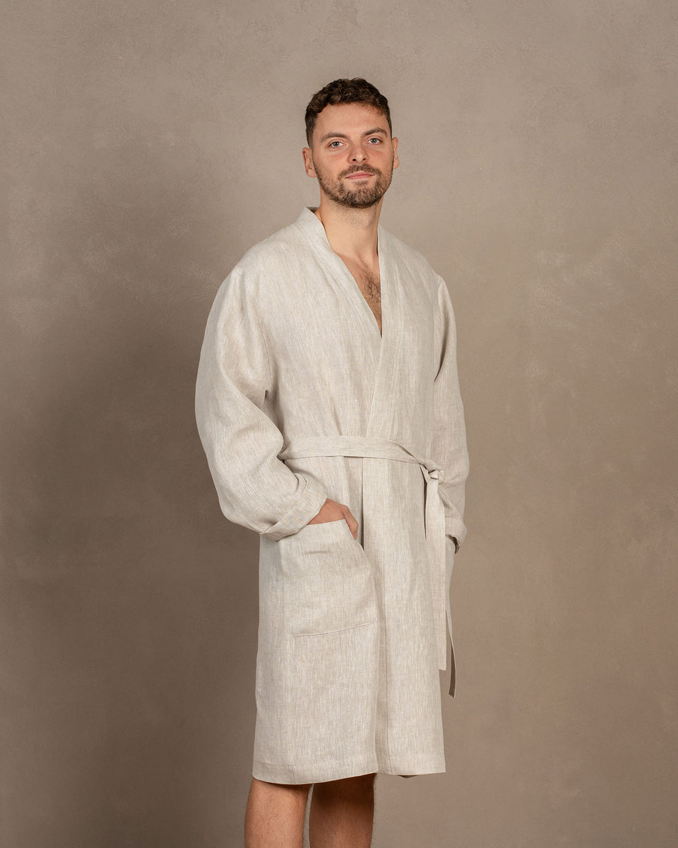 mens linen dressing gown Men's Linen Blue Robe With Pockets - Lightweight Robe - Summer Robe For Men - Cobalt Blue