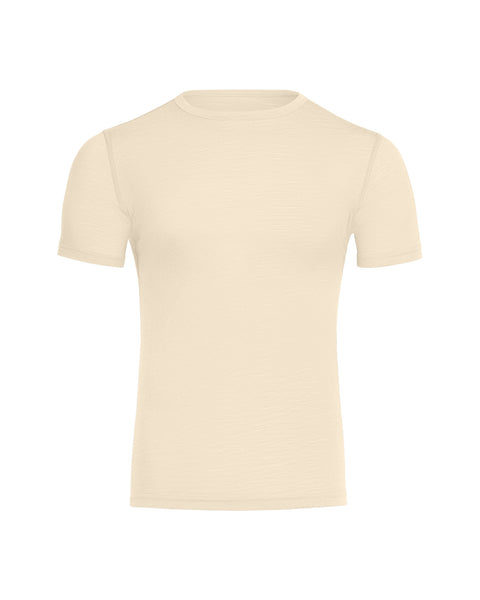 The menique men&#39;s 160 Merino wool T-Shirt in natural color, white background.