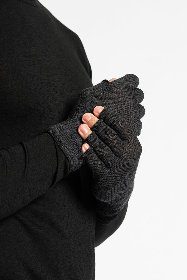 A person wearing a black long-sleeved shirt is shown from the chest up, putting on black fingerless gloves. The background is white.