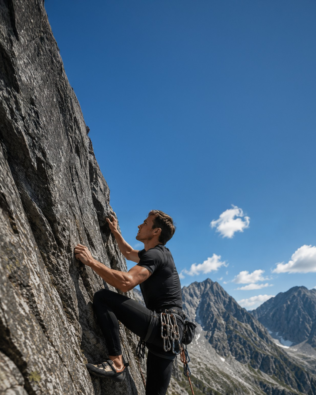 A man wearing a black short-sleeve shirt, dark pants, and a climbing harness with gear scaling a steep, rocky cliff face, with a vast valley and distant mountain range behind him.