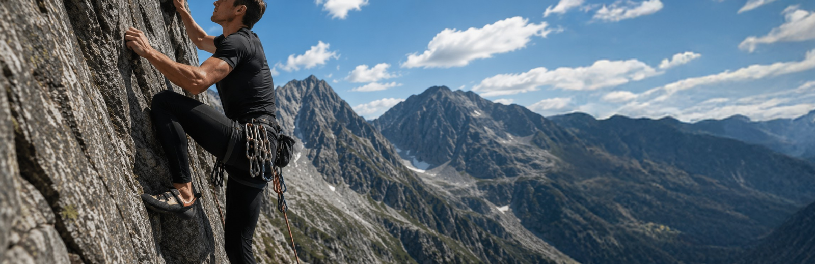 A man wearing a black short-sleeve shirt, dark pants, and a climbing harness with gear scaling a steep, rocky cliff face, with a vast valley and distant mountain range behind him.