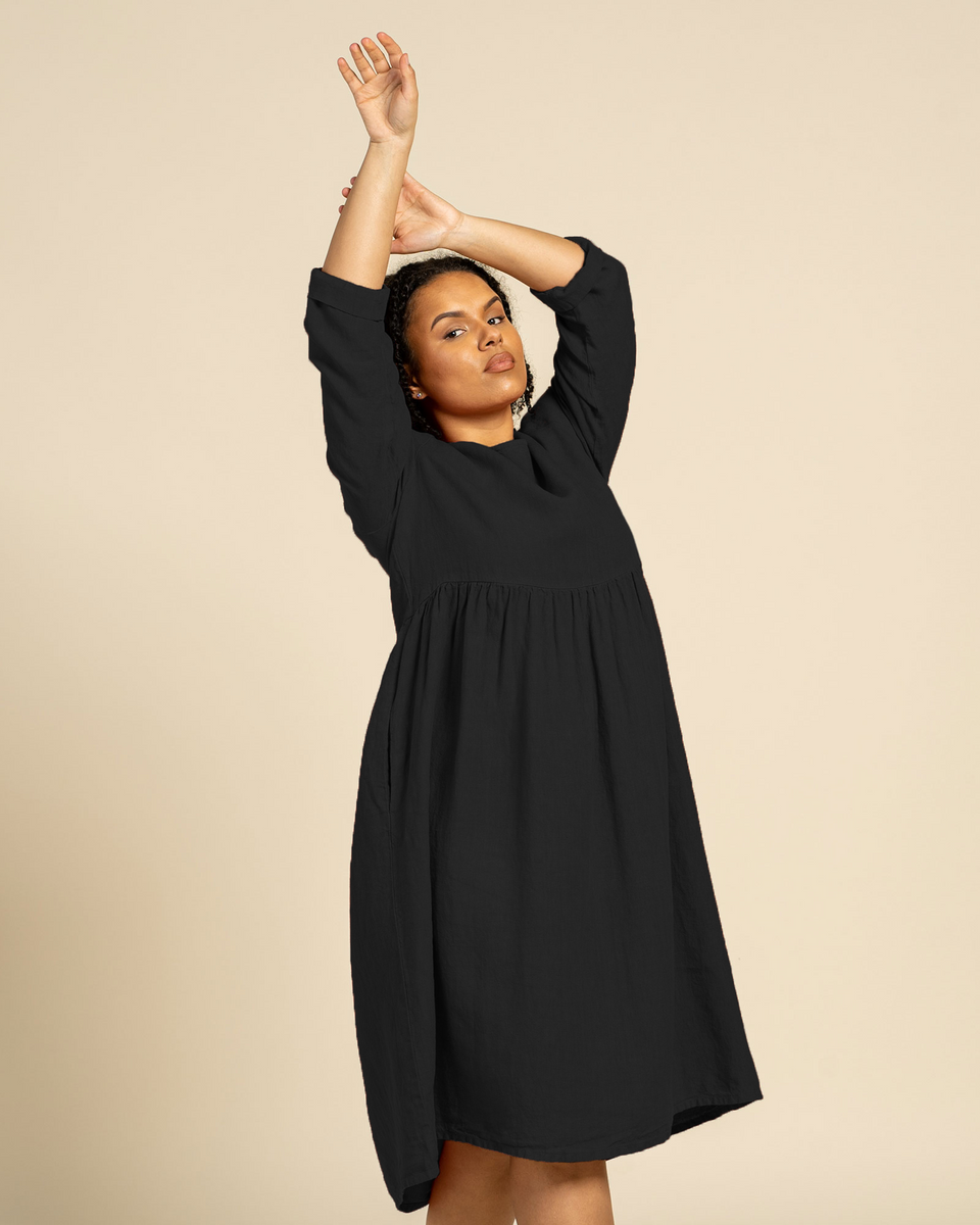 Natural Linen Loose Dress - Relaxed Fit Dress for Summer - Vacation Linen Dress - Pure Black - menique Natural Linen Loose Dress - Relaxed Fit Dress for Summer - Vacation Linen Dress - Pure Black - menique