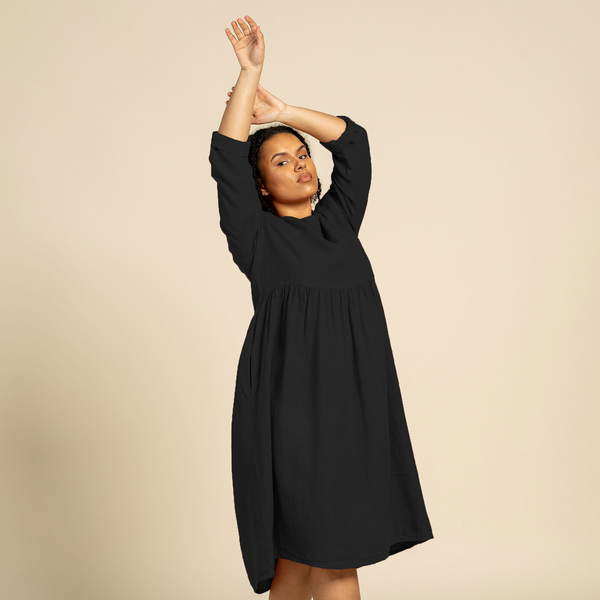 100% Linen Smock Dress Lucy Pure Black ❤️ menique - MENIQUE