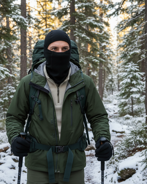 Man wearing a black Merino wool balaclava, green jacket, and backpack while hiking with trekking poles in a snowy forest.