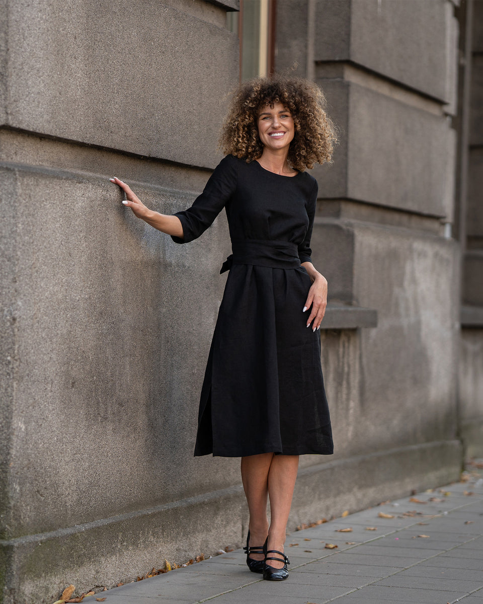 3/4 Sleeve Obi Wrap Dress Miley Xs / Pure Black 3/4 Sleeve Obi Wrap Dress Miley Xs / Pure Black
