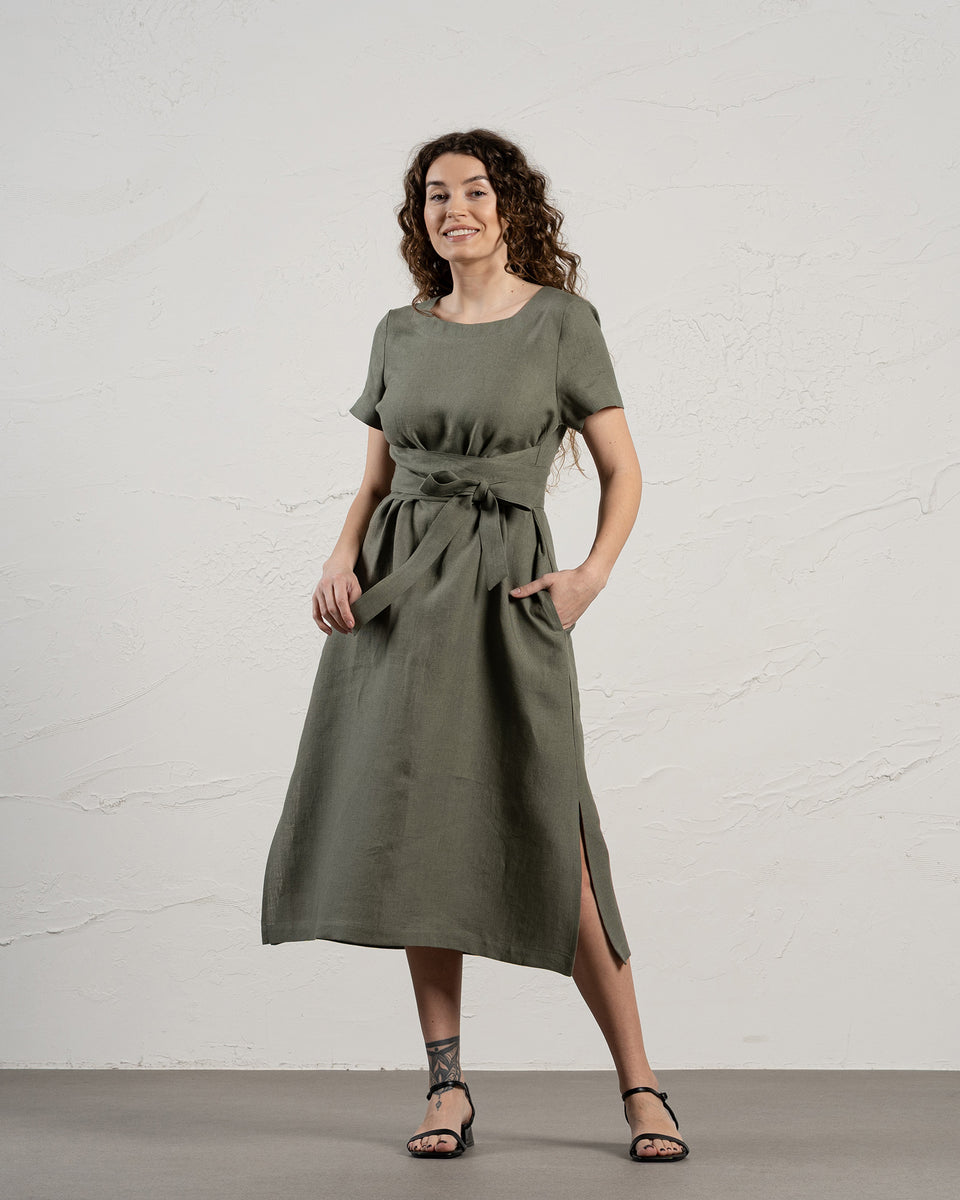 Short Sleeve Linen Wrap Dress Milly S / Stone Green Short Sleeve Linen Wrap Dress Milly S / Stone Green