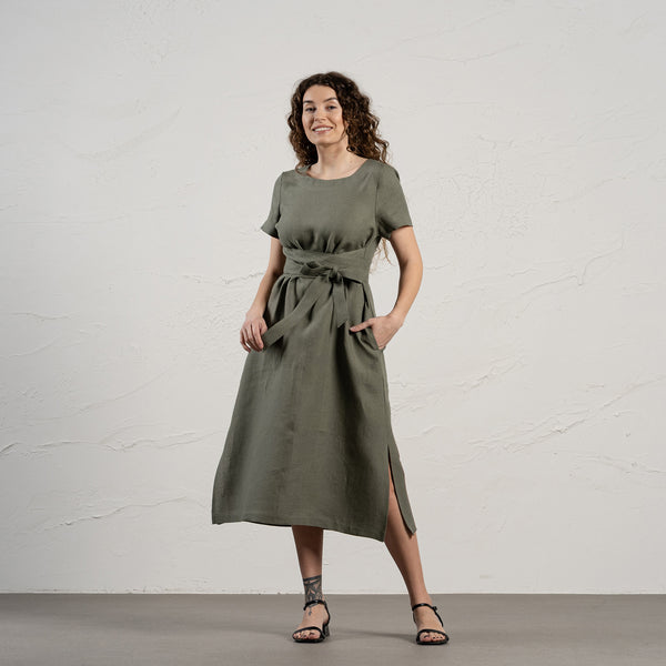 Short Sleeve Linen Wrap Dress Milly S / Stone Green