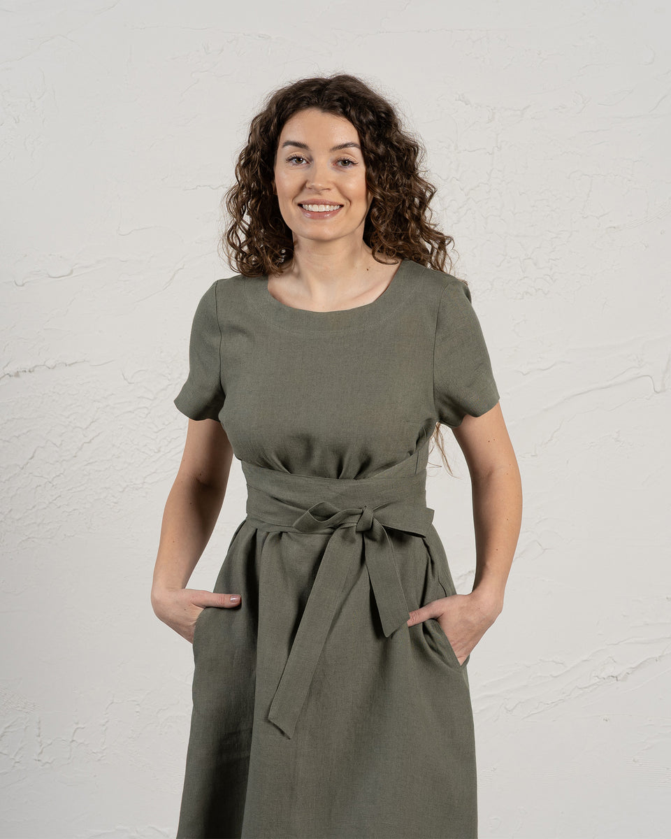 Short Sleeve Linen Wrap Dress Milly S / Stone Green Short Sleeve Linen Wrap Dress Milly S / Stone Green