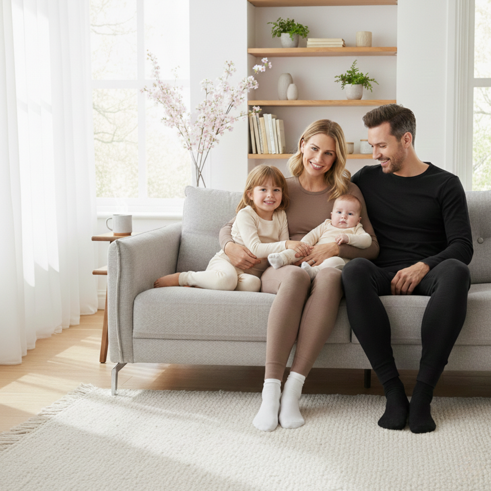 Family sitting on a sofa wearing matching neutral loungewear sets in a bright living room.