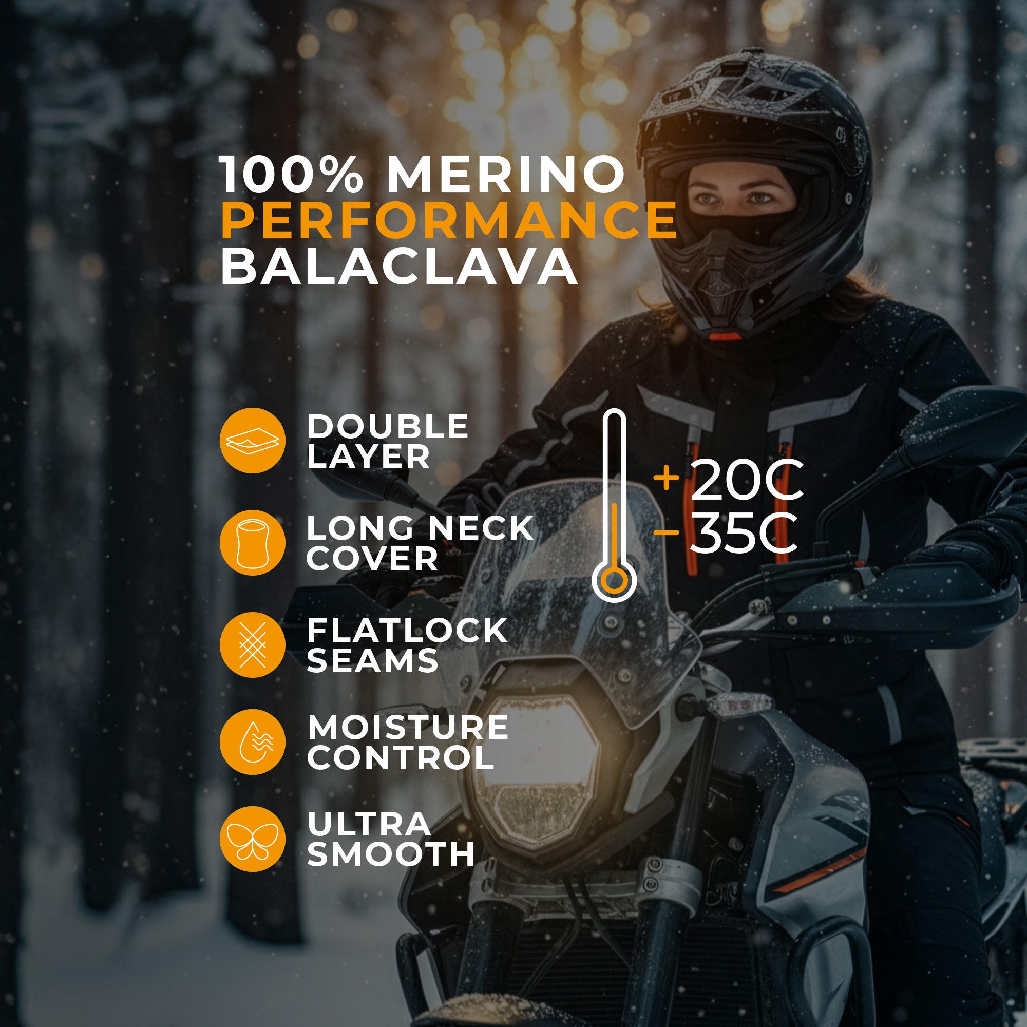 Woman wearing a black balaclava and blue outdoor jacket with a backpack, standing in a snowy mountain landscape with pine trees in the background.