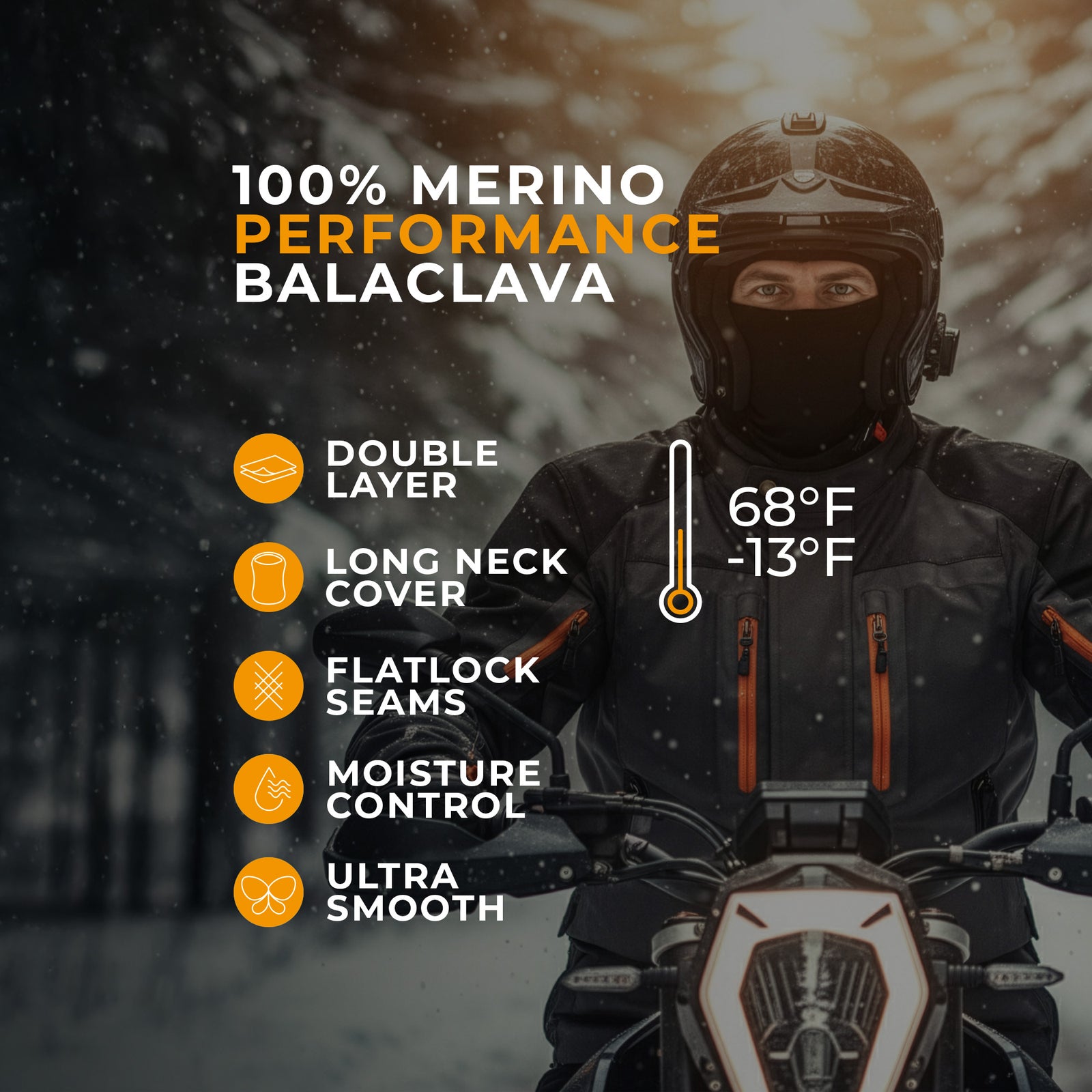 Man wearing a black Merino wool balaclava, green jacket, and backpack while hiking with trekking poles in a snowy forest.