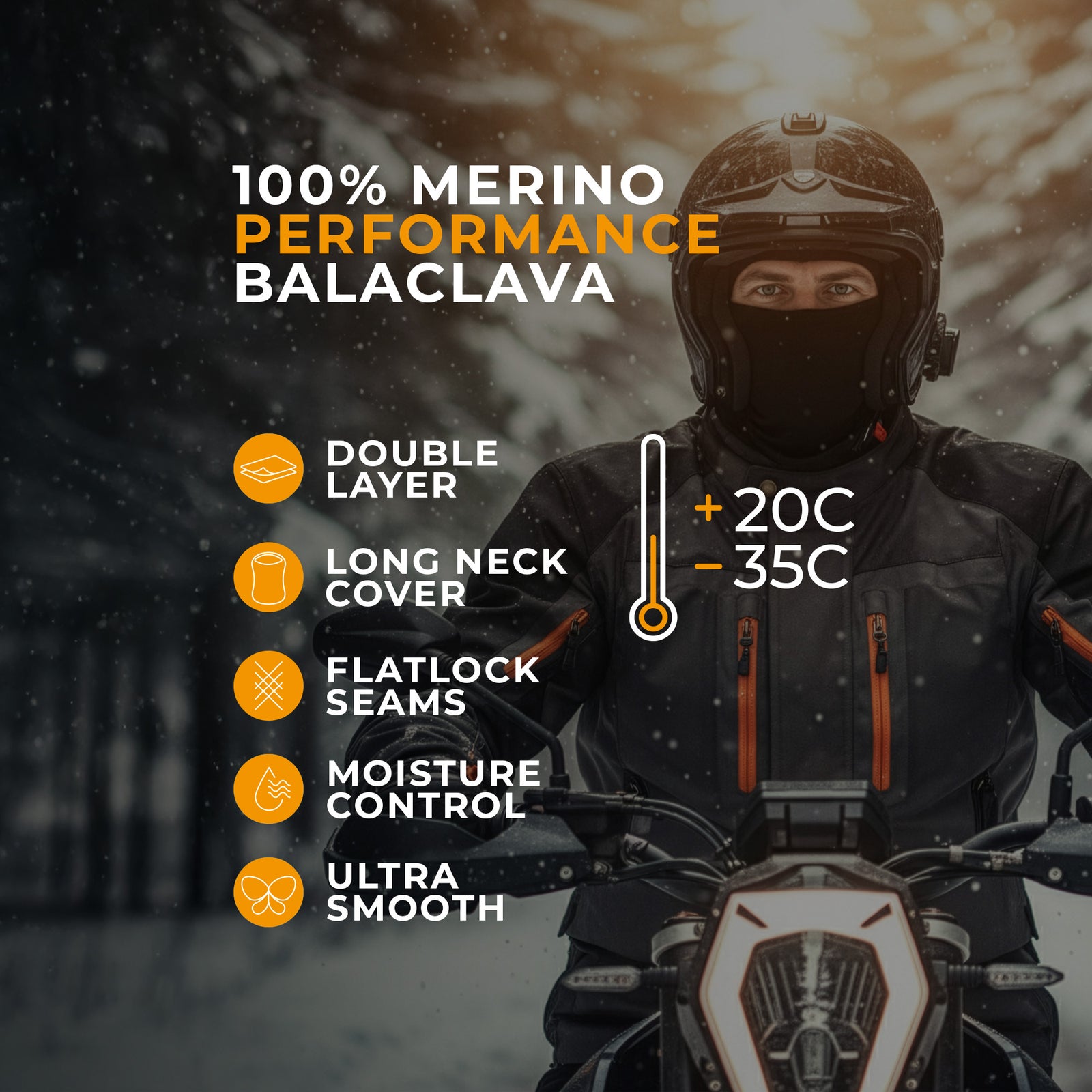 Man wearing a black Merino wool balaclava, green jacket, and backpack while hiking with trekking poles in a snowy forest.