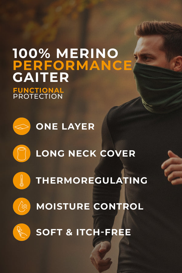 Person wearing a merino performance gaiter with features listed on the left.