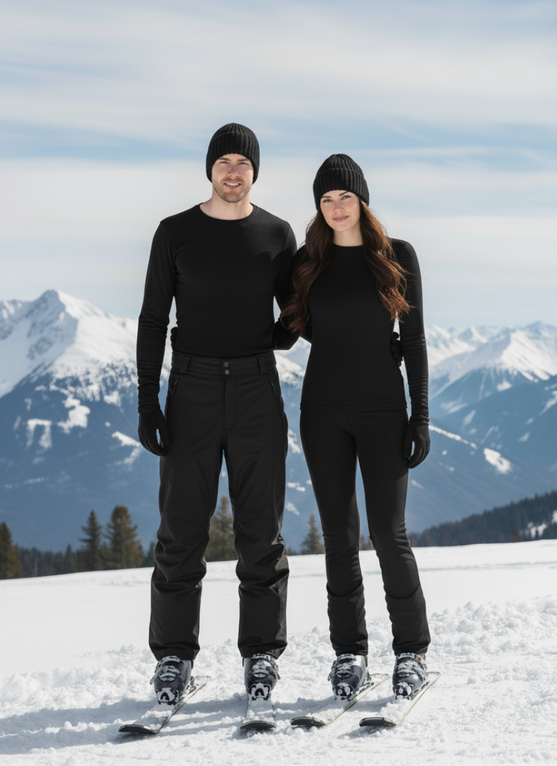 Two people in black ski attire standing on a snowy slope with mountains in the background