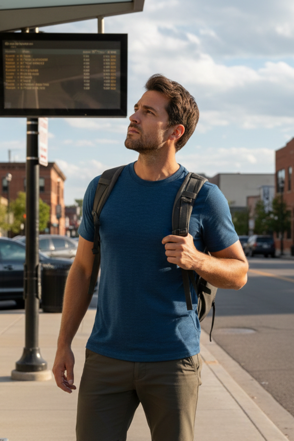 Man wearing blue merino t-shirt at a city bus stop with backpack