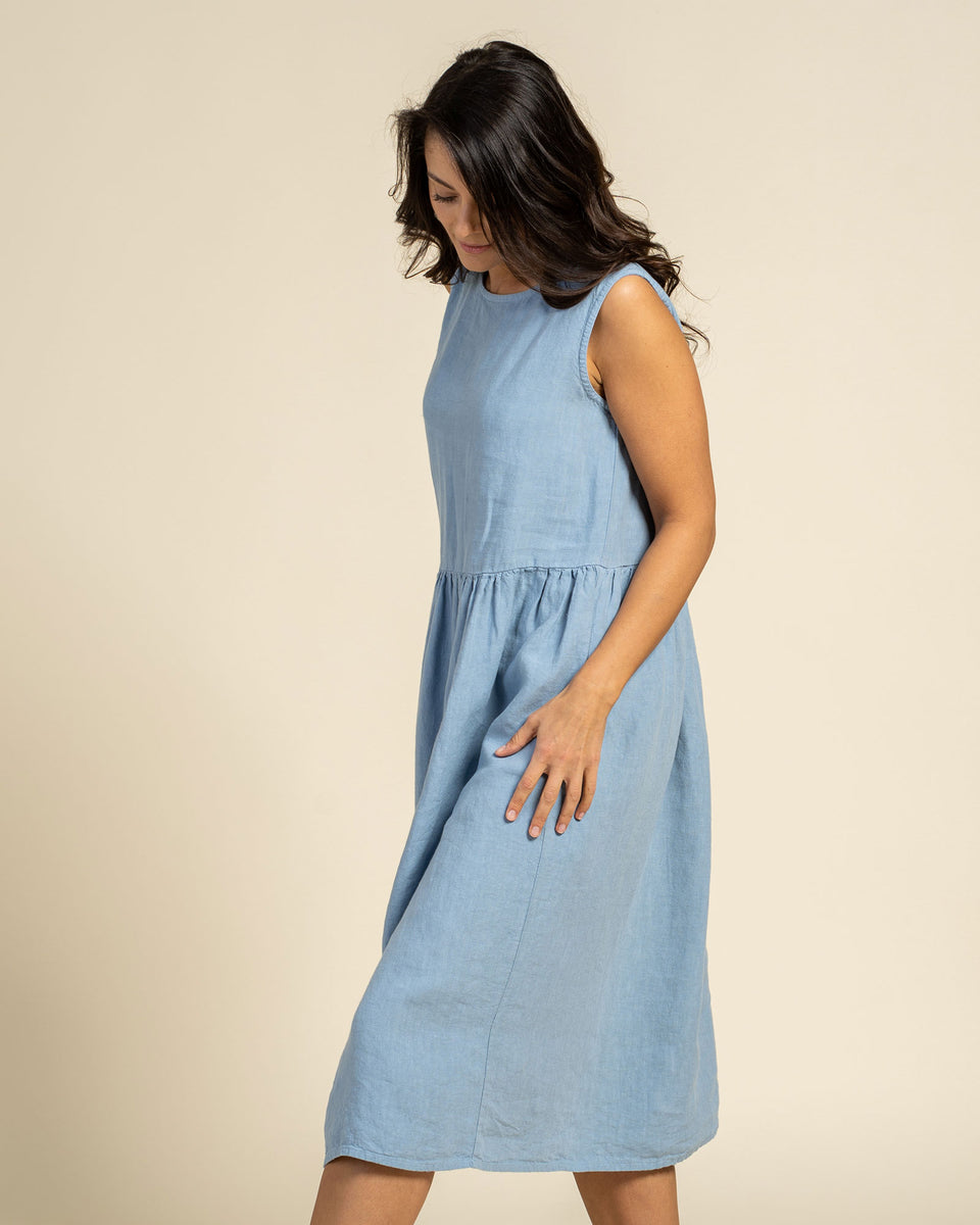 Smock Linen Midi Dress - Sleeveless, Relaxed fit, Round Neck, Natural - Cloudy Blue - XS | menique Smock Linen Midi Dress - Sleeveless, Relaxed fit, Round Neck, Natural - Cloudy Blue - XS | menique