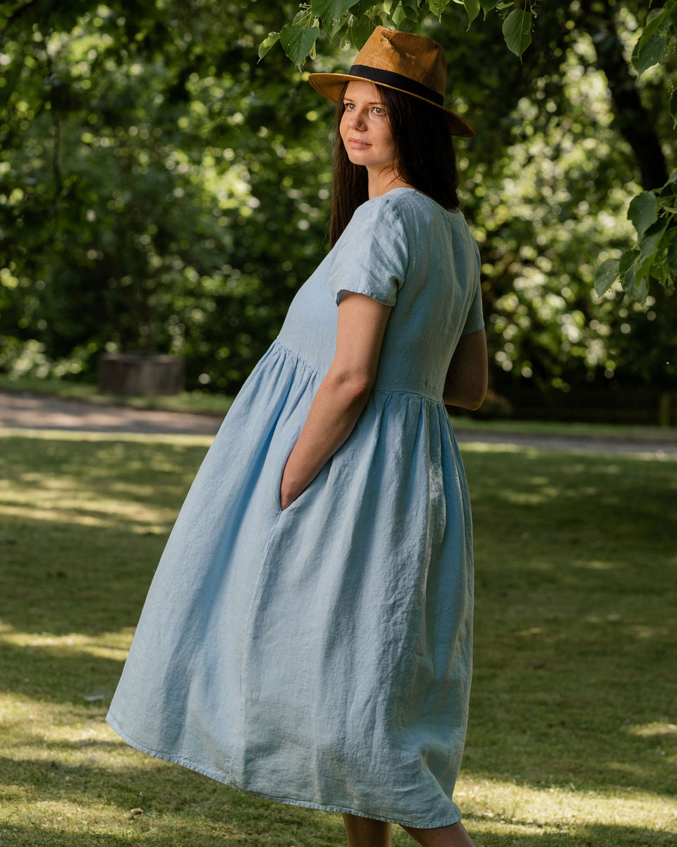 Short Sleeve Button Front Smock Dress, Ideal for Expecting Mothers - Cloudy Blue - S