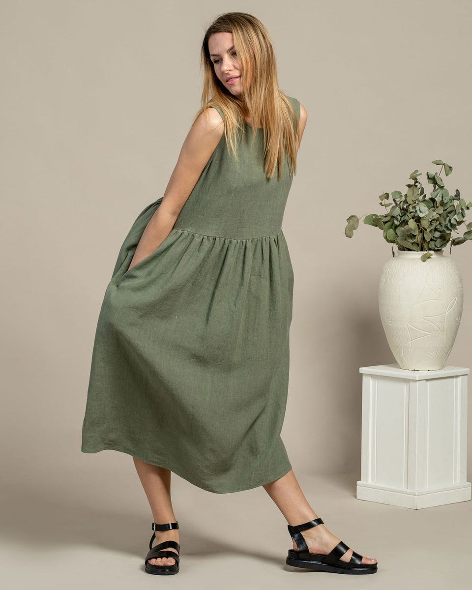 Smock Linen Midi Dress - Sleeveless, Relaxed fit, Round Neck, Natural - Stone Green - XL Smock Linen Midi Dress - Sleeveless, Relaxed fit, Round Neck, Natural - Stone Green - XL