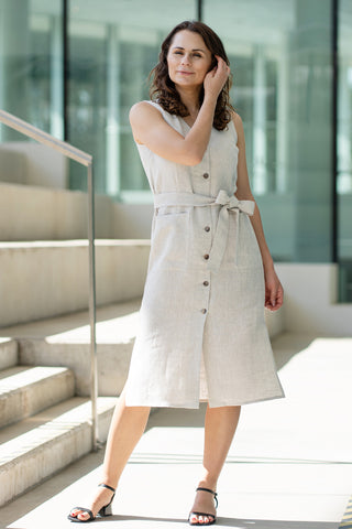 Linen V-Neck Dress With Belt Sierra - L / Natural