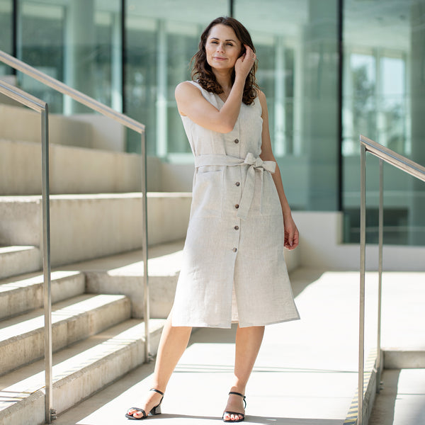 Linen V-Neck Dress With Belt Sierra M / Stone Green