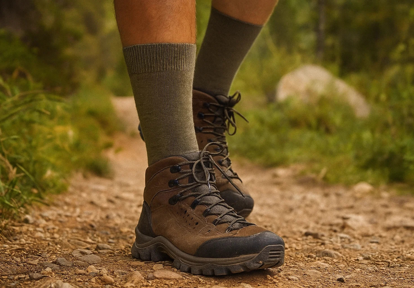 Close-up of hiker’s feet in brown hiking boots and green socks on a rocky trail.