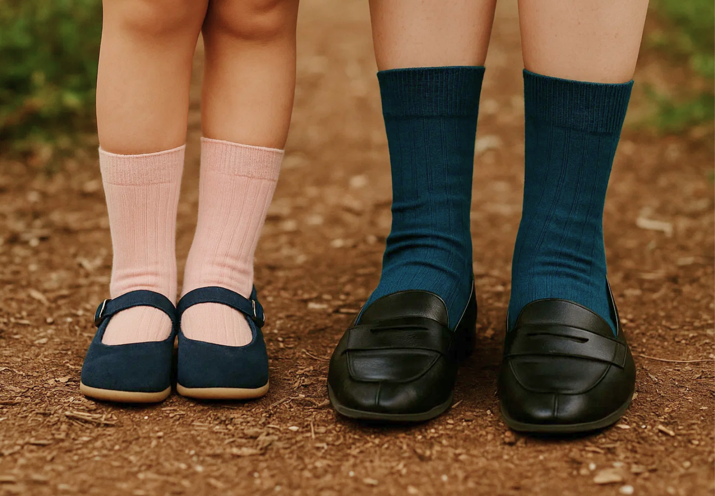 Child and adult feet wearing colorful socks and shoes, standing on a forest path