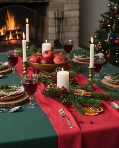 A close-up of a Christmas-themed table setting featuring a red table runner over a green tablecloth, surrounded by candles, pine branches, pomegranates, and holiday decorations, with a glowing fireplace and Christmas tree behind.