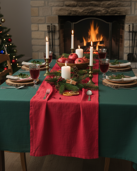 A festive holiday dining table set with a green tablecloth and a red table runner, decorated with candles, evergreen branches, pomegranates, and seasonal accents, with a lit fireplace and Christmas tree in the background.