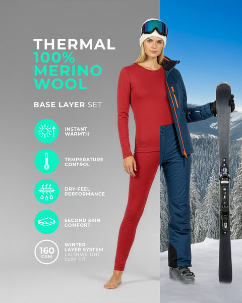 Woman wearing a red 100% merino wool thermal base layer set, shown half indoors and half outdoors on a snowy mountain, highlighting lightweight warmth, temperature control, and slim-fit winter layering.
