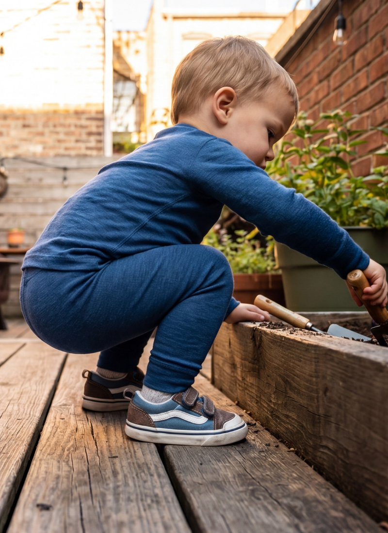 A toddler crouching on a wooden deck, using a small hand trowel to play in the dirt of a wooden planter box. The child is wearing a matching set of a blue long-sleeve top and blue pants, paired with blue and brown sneakers.