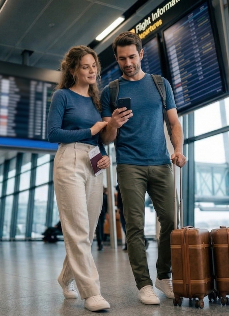 The man and woman walk through an airport concourse, holding hands as they approach a departures information board. They are full-body and moving with a rolling suitcase behind them.