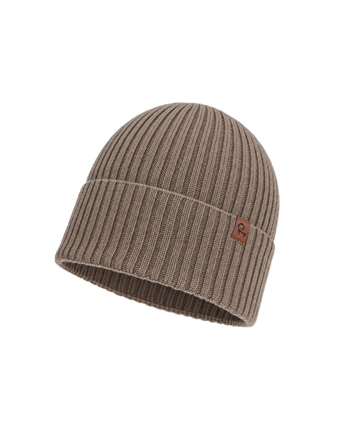 A light brown ribbed knit beanie featuring a folded brim with a small brown square logo tag on the side, displayed against a plain white background.