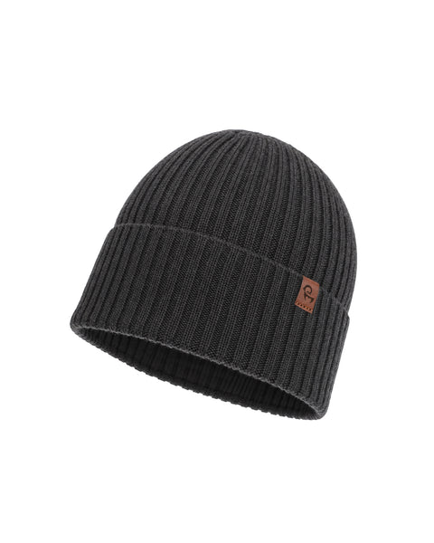 A dark charcoal gray ribbed knit beanie featuring a folded brim with a small brown square logo tag on the side, displayed against a plain white background.