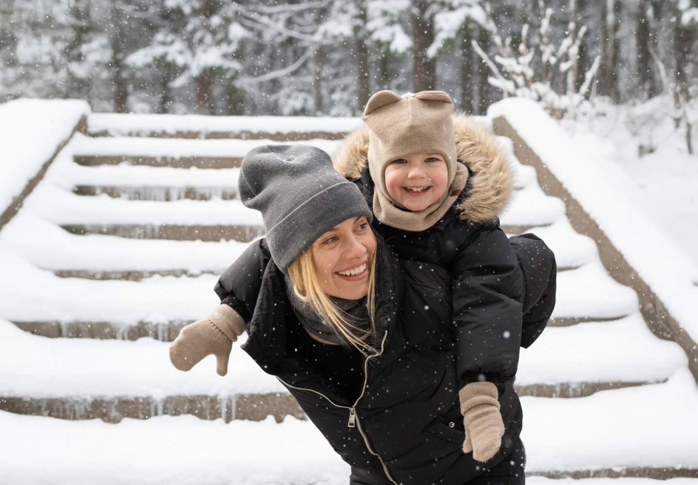 Woman carrying a smiling child on her back while walking up snowy steps in a winter forest, both wearing warm hats and jackets.