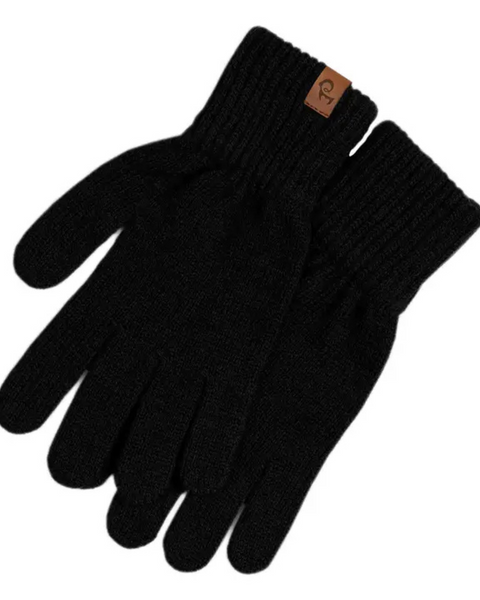 
A pair of menique brand black knit gloves with ribbed cuffs. A small, rectangular tan leather tag with the &quot;menique&quot; logo is visible on the cuff of the left glove. The gloves are laid flat against a white background.