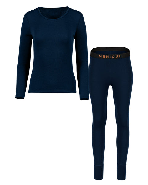 Women&#39;s 250 Merino 2-Piece Set of Long Sleeve &amp; Bottoms Dark Blue